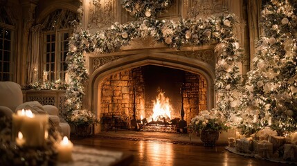 Cozy christmas fireplace scene with twinkling lights and festive decorations