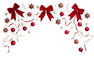 Red Velvet Christmas Bows Ornaments and Ribbons Festive Holiday Decoration Isolated on a transparent background