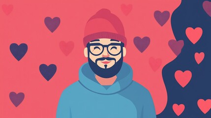 Man with beard and glasses surrounded by hearts for Valentine's Day