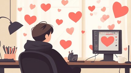 Creative designer working on love themed graphics at a desk with hearts