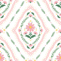 Vintage art nouveau floral sweet and charming pink cottagecore shabby chic seamless pattern repeatable for print background fabric textile cards backdrop in folk art decorative illustration style