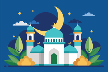 Nighttime Mosque Illustration with Crescent Moon and Lush Greenery