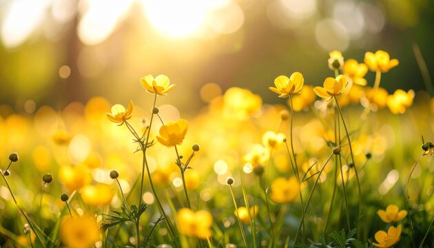 Buttercup Flowers Blooming in Meadow 