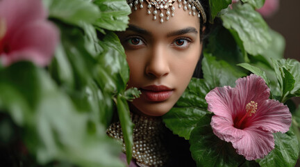 Beautiful Indian woman with traditional jewelry surrounded by lush green leaves and pink hibiscus flowers, serene and captivating