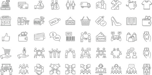 Collection of various business and e commerce related icons in a line art style on white background