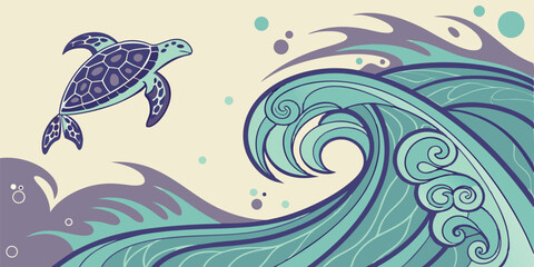 Obraz premium Sea turtle on the waves. Hand drawn vector illustration in retro style.