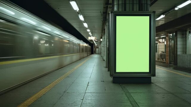Empty modern billboard with a green screen for advertising, on a train station, blank billboard on subway station opposite the train arriving at the platform