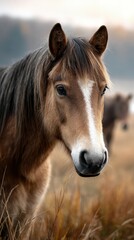 Obraz premium Close-up view of a brown horse in a golden field on a misty morning with another horse in the background