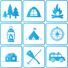 Camping icons with trees tent campfire lantern compass house paddles van vector