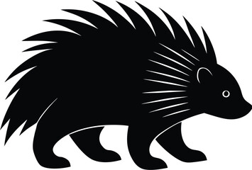 A prickly porcupine silhouette, isolated on white background, is shown from the side, displaying its many quills