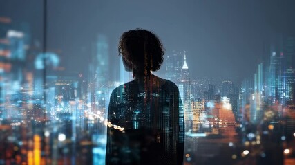 Woman is looking at a futuristic cityscape through a digital interface, with animated financial data and charts displayed on the screen - Powered by Adobe