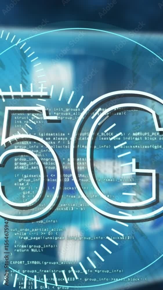Poster animation of 5g text, scope scanning and data processing on screens