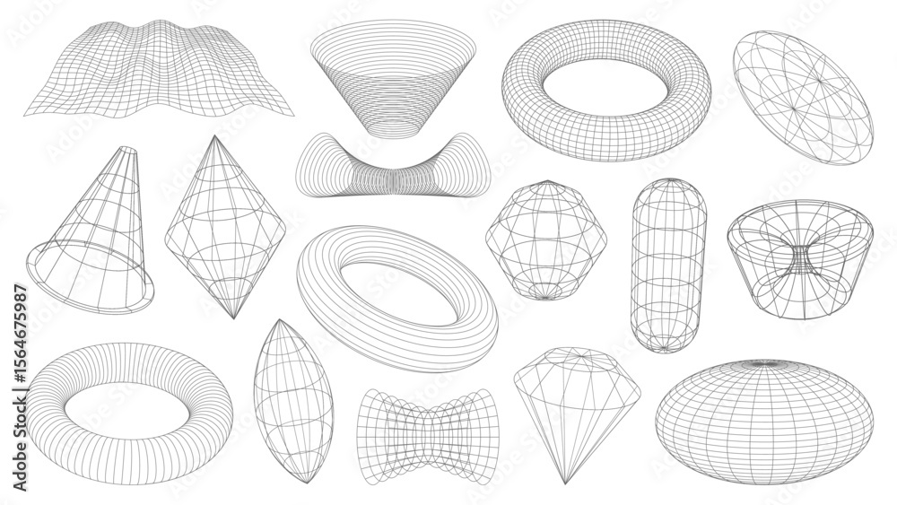 Poster 3D wireframe shapes, brutal and tech grids in retro perspective mesh, vector elements. Abstract wireframe shapes torus and tunnel, geometric polygon and planet with funnel in 3D perspective wire mesh