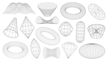 3D wireframe shapes, brutal and tech grids in retro perspective mesh, vector elements. Abstract wireframe shapes torus and tunnel, geometric polygon and planet with funnel in 3D perspective wire mesh