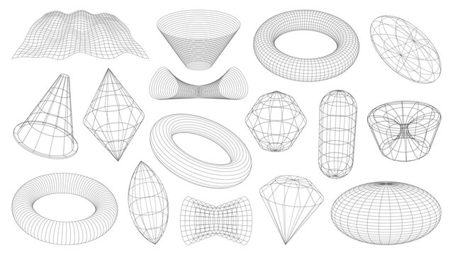 3D wireframe shapes, brutal and tech grids in retro perspective mesh, vector elements. Abstract wireframe shapes torus and tunnel, geometric polygon and planet with funnel in 3D perspective wire mesh