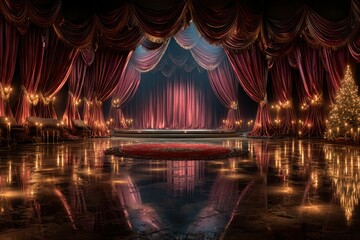 Elegant theater stage with red curtains and festive decorations during a holiday performance evening