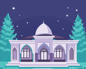 Stylized mosque illustration under a starry night sky with evergreen trees