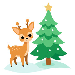 Cute cartoon fawn standing next to a decorated christmas tree in the snow