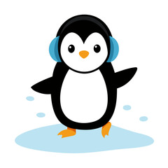 Cute cartoon penguin wearing blue headphones on an ice floe