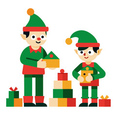 Two cheerful cartoon elves are building a christmas gift tower with colorful boxes