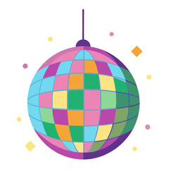 Colorful disco ball with confetti and sparkles on a white background
