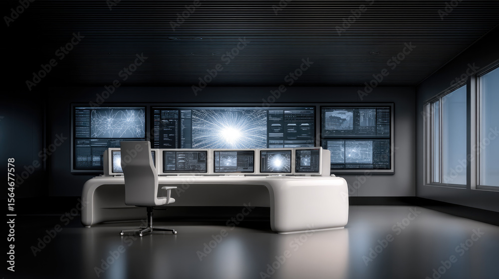Poster Modern cybersecurity operation center with multiple monitors, digital data visualization, and sleek white desk in high tech office