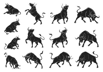 Bull Silhouette Vector Set Strong Aggressive Bulls in Various Poses for Design