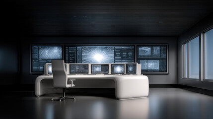 Modern cybersecurity operation center with multiple monitors, digital data visualization, and sleek white desk in high tech office