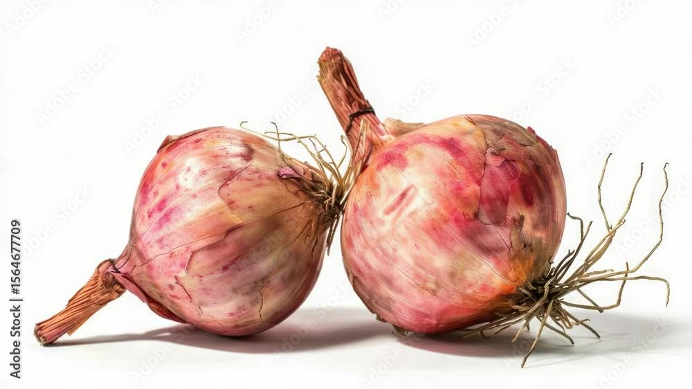 Poster A pair of onions sitting on a clean white surface, perfect for use in still life photography or as a prop in culinary or food-related images