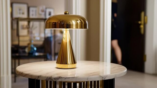 Elegant golden lamp shines brightly on a round marble table in luxurious interior