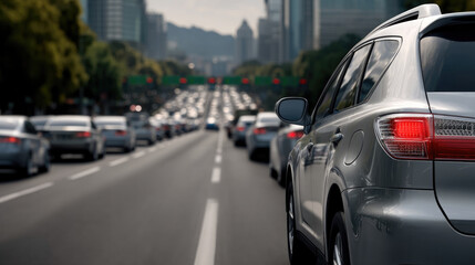 Urban traffic congestion city street modern car rush hour blurred vehicles red brake light busy road outdoor daytime