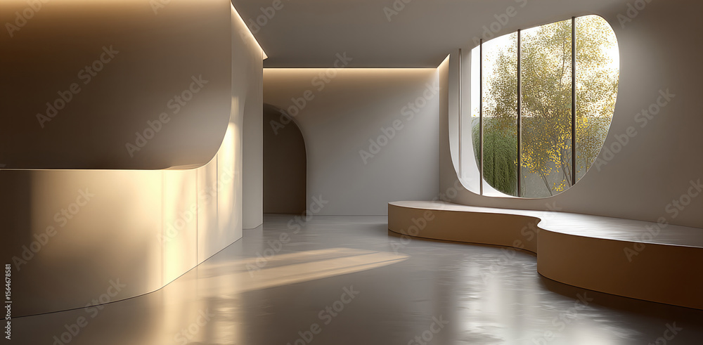 Poster minimalist interior curved wall large window natural light modern architecture smooth surface serene
