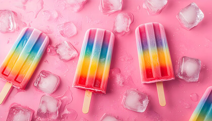 Obraz premium Colorful rainbow popsicles and scattered ice cubes on a pink gradient background