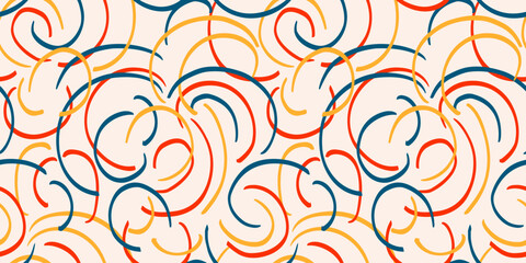 Colorful seamless pattern of abstract organic curves and swirling lines on light background. Plain designs for modern textiles, fabric, Print geometric with a dynamic feel.