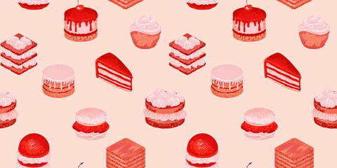 Seamless pattern featuring various delicious desserts like cakes, macarons, and pastries on soft beige background. Design for wrapping paper, bakery packaging, fabric designs, and cafe decor.