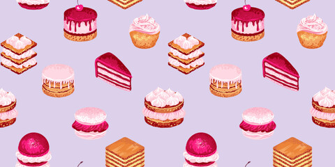 Playful seamless pattern featuring various delicious desserts like cakes, macarons, and pastries. Design for wrapping paper, bakery packaging, fabric designs, and cafe decor.