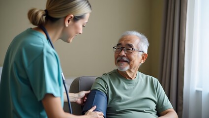 Elderly Asian Man Checking Blood Pressure — Health Care and Wellness