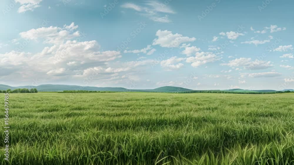 Poster A serene mountain scene with lush green grass and distant mountains, suitable for use as a calming background image