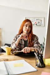 Young beautiful woman brainstorming ideas at her creative workspace during a sunny afternoon