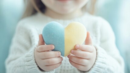 Closeup child clutching heart shaped pillow featuring ukrainian flag colors, backlit with soft golden illumination