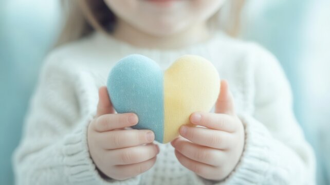 Closeup child clutching heart shaped pillow featuring ukrainian flag colors, backlit with soft golden illumination
