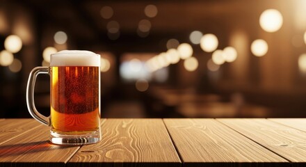 Refreshing Amber Ale on a Wooden Bar Table with Soft Bokeh Lights