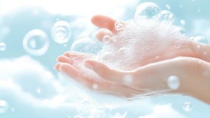 Fototapeta premium Soap foam with bubbles floating on a turquoise background, held in a hand, evokes cleanliness and hygiene
