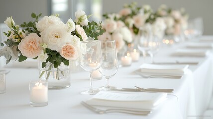 White flowers, candle, empty wine glasses, and folded napkins create an elegant centerpiece on a wedding reception table