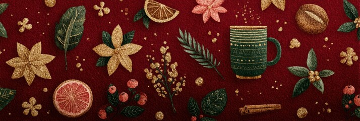 Vibrant autumn-inspired design featuring leaves, spices, and coffee on a rich red background