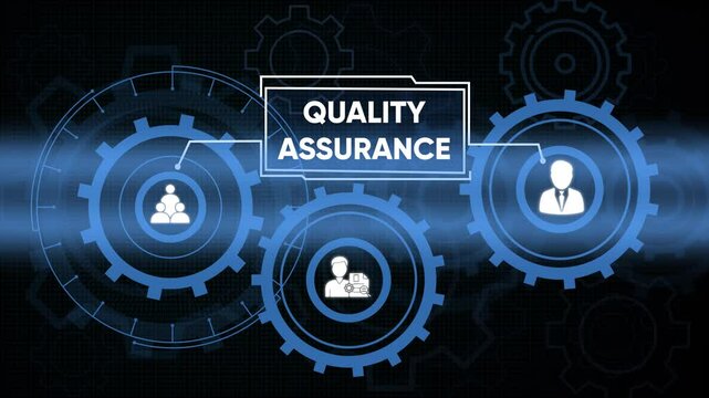 Abstract digital blue gears with quality assurance and business teamwork concept