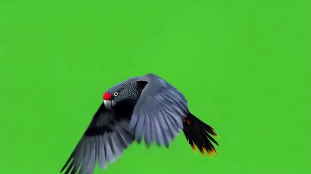Tropical speckled parrot in flight on green