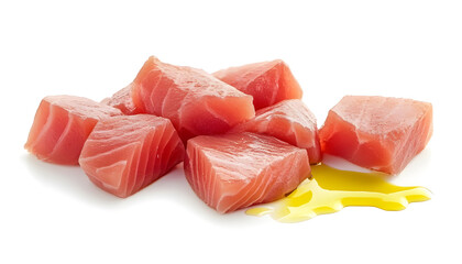 Tuna pieces with oil drops isolated on white background