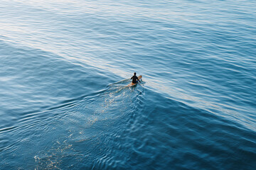 surfer paddles out on a surfboard, gliding across the calm ocean surface.