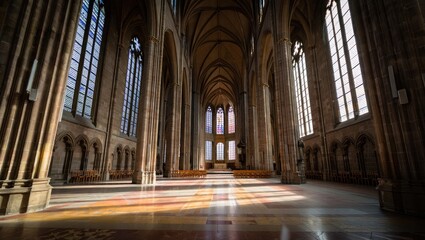 Obraz premium Grand Cathedral Interior Sunlight Through Stained Glass